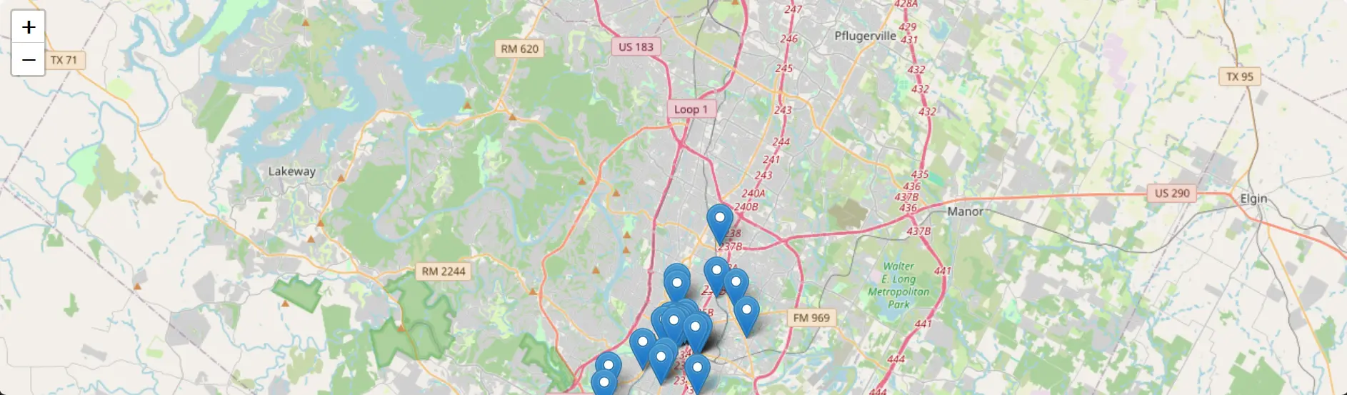 Static preview of the Austin venues map